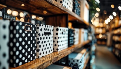 Obraz premium a blurred view of black and white polka dot gift boxes lined up on wooden shelves in a brightly lit shop.