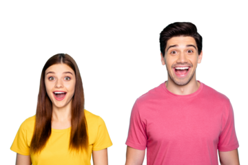 Close-up portrait of his he her she nice attractive overjoyed glad cheerful cheery couple expressing positive emotion isolated over bright vivid shine vibrant green blue turquoise background