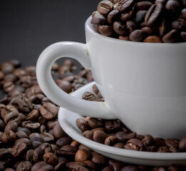 Close up of coffee beans are the background.