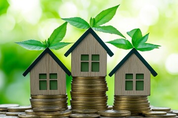 A stack of gold coins with escalating value, topped with a house model and set in a sunny public park, embodies the notion of conserving funds or securing a loan for real estate ventures, business