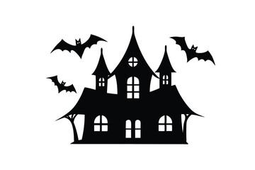 Silhouette art illustration of a spooky haunted house with crooked windows and bats.eps
