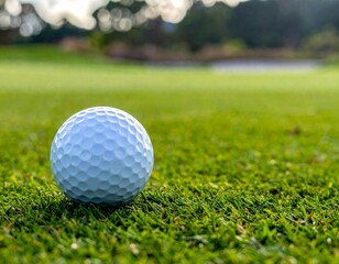 Obraz premium A textured white golf ball sits quietly on manicured green grass, capturing the calm before a perfect swing
