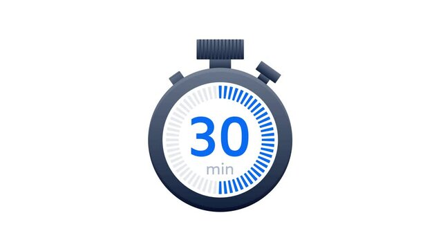 Stopwatch with 30 minutes on white and chroma key background