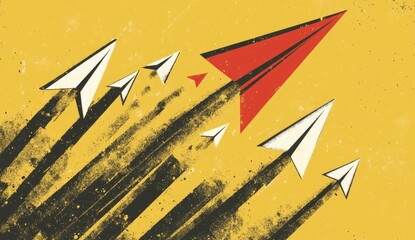 Red paper airplane leading a flight of others