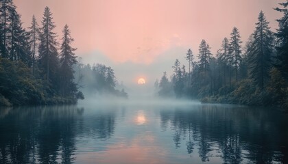 Fototapeta premium a serene lake reflects the soft glow of the sun rising through a misty forest canopy, creating a peaceful and atmospheric landscape.