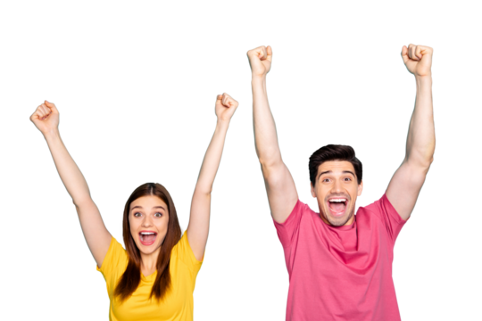 Portrait of his he her she nice attractive satisfied cheerful cheery couple celebrating startup project breakthrough isolated over bright vivid shine vibrant green blue turquoise background