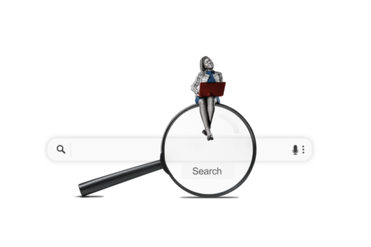 Art collage. A young woman with a laptop is sitting on a big magnifying glass. Isolated free png area. Searching for information on the internet concept.