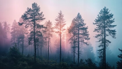a serene and ethereal forest scene bathed in soft pink and blue light as the sun filters through the misty trees.