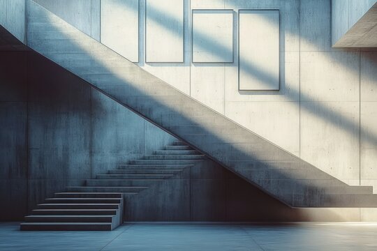 Modern concrete staircase casting long diagonal shadows on industrial walls with empty rectangular frames in a minimalist architectural setting