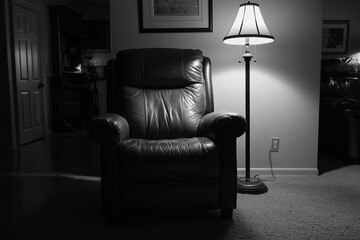 A vintage sixties leather chair sits in a dark room alongside a matching lamp