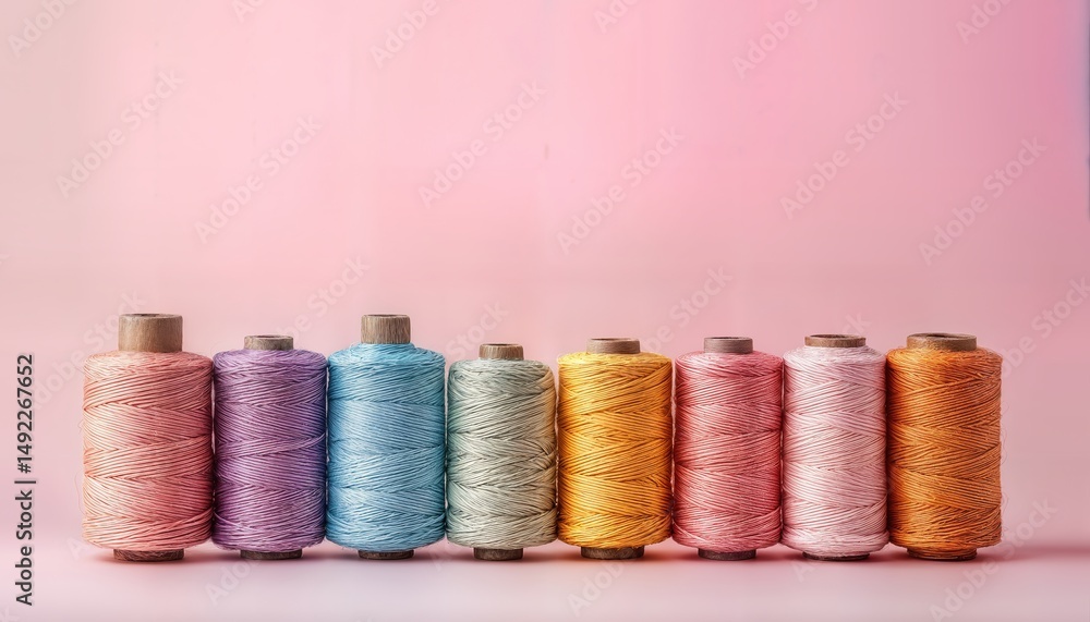 Poster a vibrant row of colorful spools of thread stands against a soft pink background, showcasing a spect
