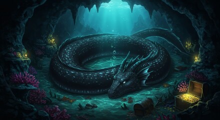Black Dragon in deep sea cave , Generated by AI