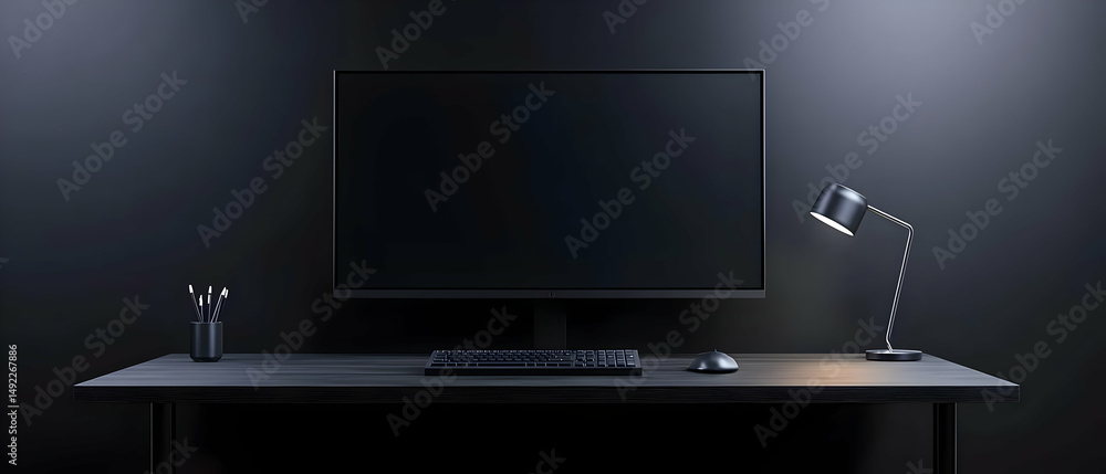 Poster dark modern workspace with computer and lamp