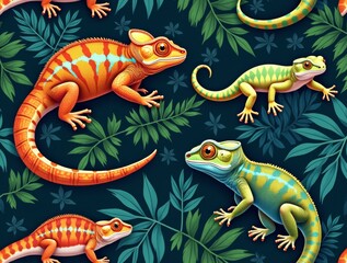 Obraz premium A seamless pattern showcasing exotic reptiles such as chameleons, snakes, and geckos, blending into lush tropical foliage