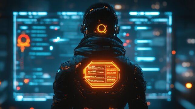 A cyberpunk RPG character selection screen in the metaverse, glowing stats 