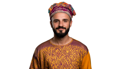 Man with embroidered turban, patterned shirt, smiling, cut out transparent