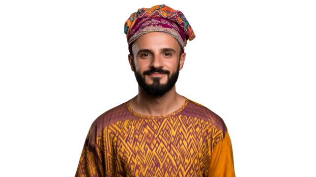 Man with embroidered turban, patterned shirt, smiling, cut out transparent