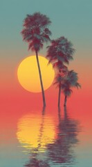 A vibrant retro sunset bathes the sky in warm hues while two elegant palm trees stand by calm waters, their reflections mirroring the golden orb of the setting sun