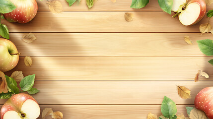 Ripe apples and fallen leaves arranged around a wooden surface create a harvest-themed autumn background with space for copy, promoting fall flavors and seasonal products.