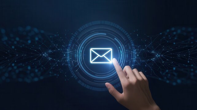 Interactive digital communication concept with a person touching email icon