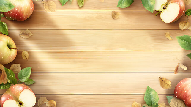 Ripe apples and fallen leaves arranged around a wooden surface create a harvest-themed autumn background with space for copy, promoting fall flavors and seasonal products.
