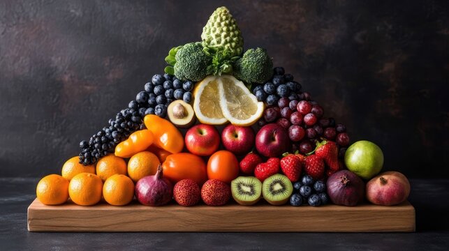 Rainbow fruit & veggie pyramid on wood, dark background, healthy eating guide