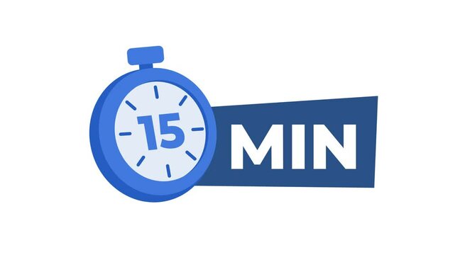 15 minutes blue stopwatch timer animation on white and green screen