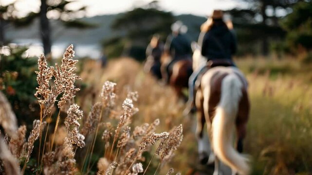 Group of horseback riders moving through a peaceful countryside trail at golden hour, with soft focus on tall grasses in the foreground &mdash; Generative AI