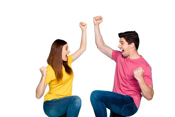 Portrait of his he her she nice attractive lovely ecstatic cheerful cheery couple celebrating...