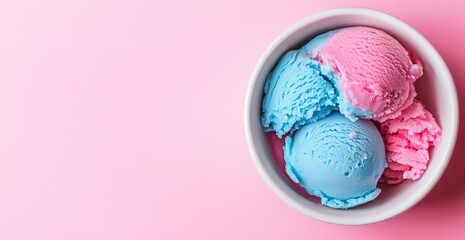 Pink and blue ice cream scoops with colorful sprinkles in white ceramic bowl on pink background. Summer dessert and sweet treat concept. Image for confectionery menu. Banner with copy space