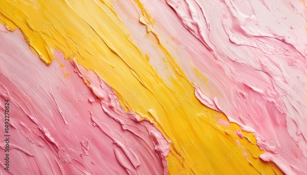 Poster a close-up view of thickly textured pink and yellow paint strokes creating an abstract and vibrant b
