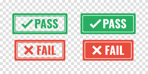 green pass red fail rectangle rubber stamp, outline solid vector icon on transparent background