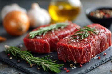 Freshly cut steak with herbs and seasoning on a slate surface ready for cooking