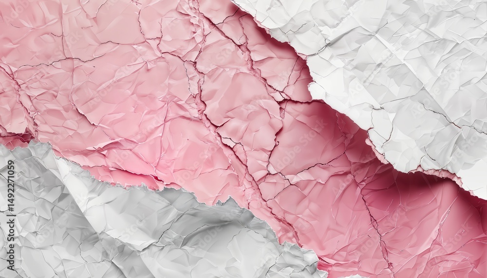 Poster a close-up abstract texture of heavily wrinkled and torn pink and gray paper creates a dynamic and v