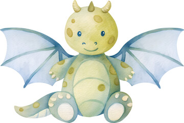 Watercolor illustration of a seated baby dragon with blue wings on a transparent background.