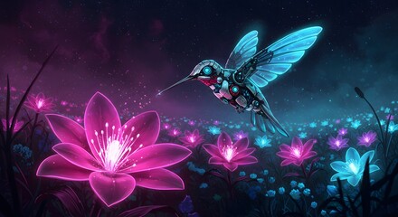 hummingbird sucking nectar from flower with electronic theme