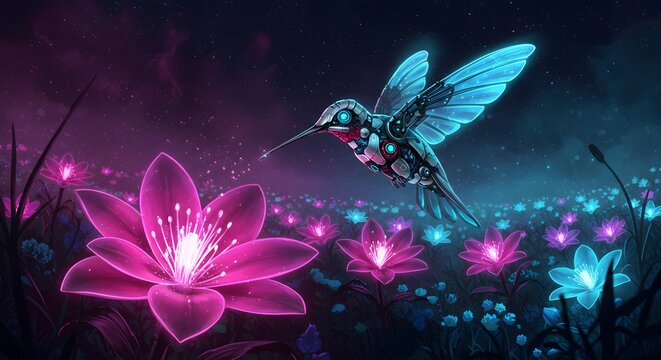 hummingbird sucking nectar from flower with electronic theme