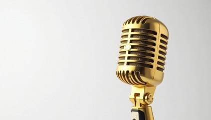 Close-up shot of a single gold microphone isolated on white , isolated, microphone