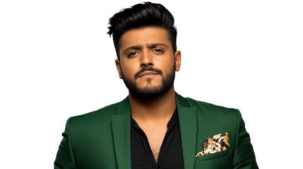 Portrait of a handsome Arab man in a green jacket, cut out transparent