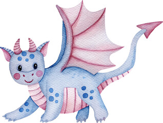 Watercolor illustration of a cute blue and pink dragon on a transparent background.
