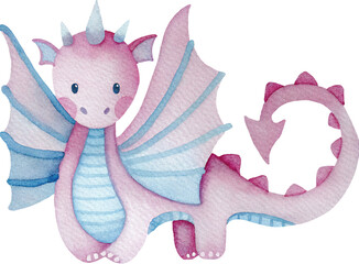 Watercolor illustration of a pink and blue dragon on a transparent background.