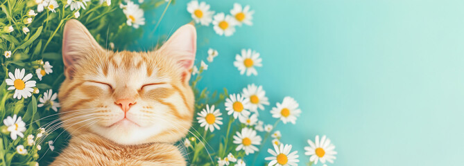 Orange tabby cat sleeping peacefully next to white daisy flowers against light blue background. Pet relaxation concept. Perfect for animal wellness products and natural pet care marketing