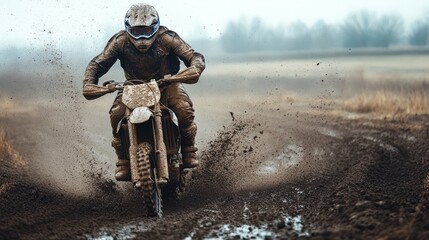 Muddy motocross rider speeds through rural track, dust and mist