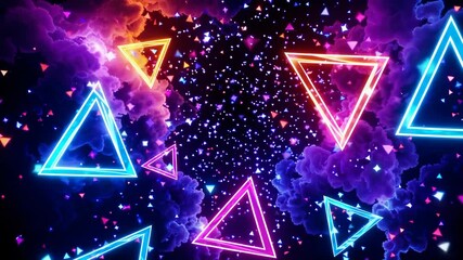 Vivid triangular neon shapes rotating in colorful galactic tunnel with animated particles and glowing cosmic dust, energetic visual loop with futuristic motion