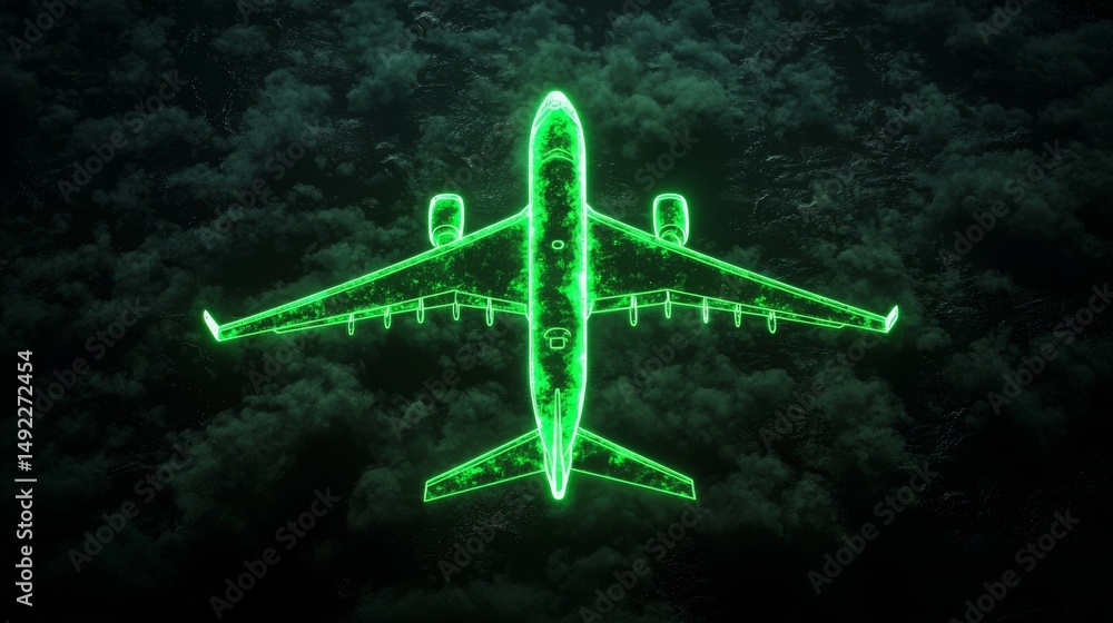 Poster an airplane icon illuminated in green neon light, representing a vibrant technology symbol, is depic