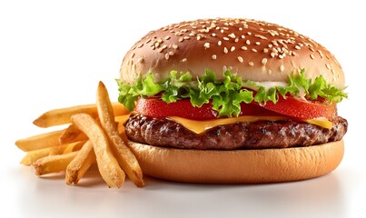 Juicy Cheeseburger with Sesame Seed Bun and French Fries