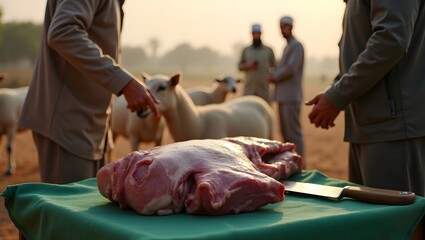 Fototapeta premium lamb chops on a grill, butcher cutting meat, people sacrifice the lamb at eid-ul-azha to fulfill the sauna, bakra eid 
