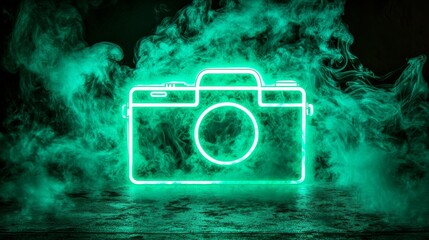 A green neon light camera icon, symbolizing technology with vibrant colors, is depicted in a 3D render, isolated against a black background