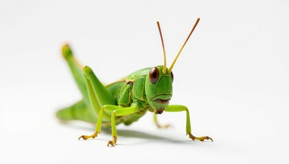 Green grasshopper isolated against pure white, wildlife, vibrant