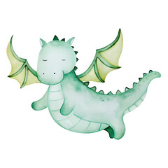 Watercolor illustration of a cute green dragon with wings on a transparent background.
